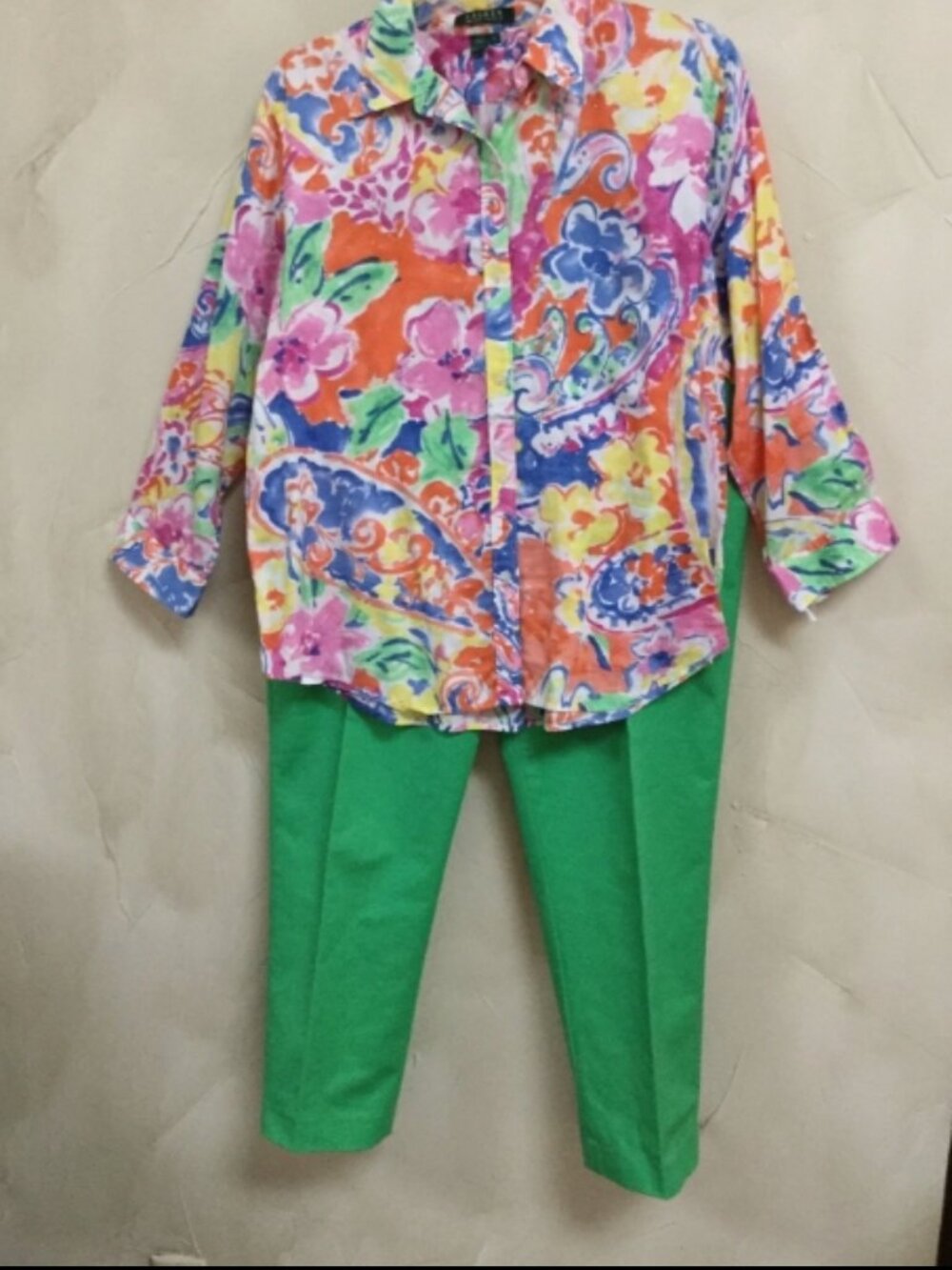 Lauren Ralph Lauren Women XL Floral Shirt Blouse Top Cotton Green Blue Orange - Picture 7 of 8
